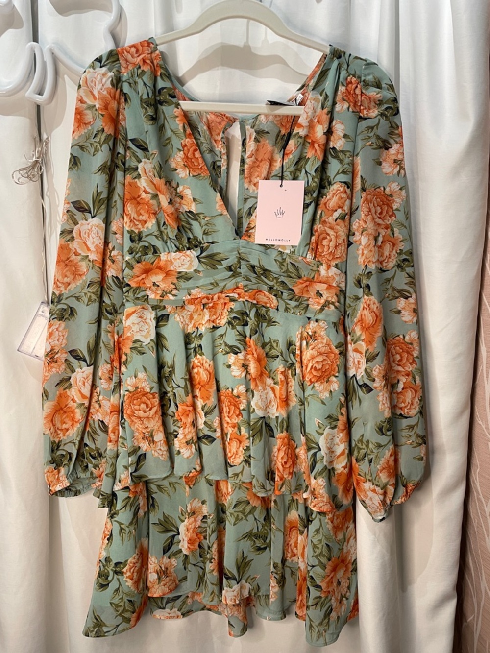 Hello Molly Sage Floral Tiered Long Sleeve Dress with Orange Blooms